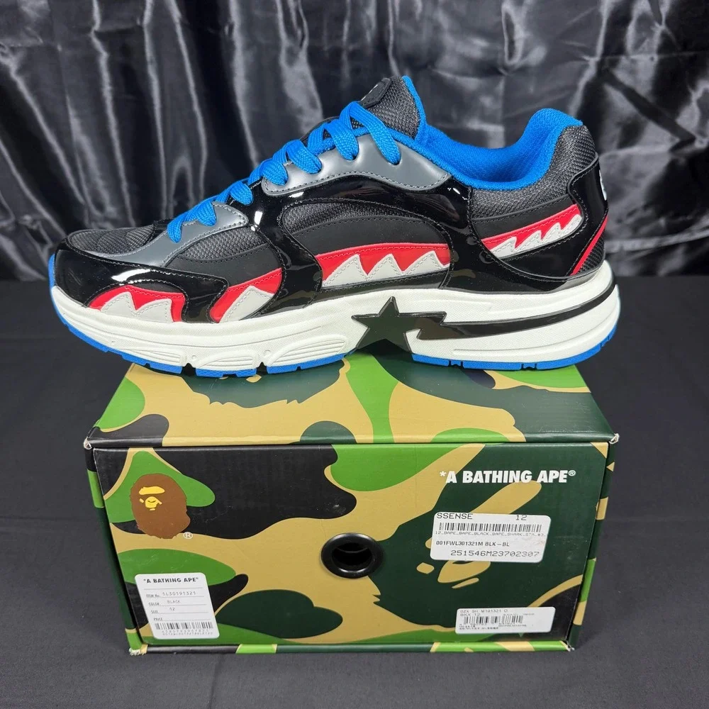 A Bathing Ape Bape Shark Sta #3 Black Blue Red Sneakers 1L30191321 Mens 12 NEW